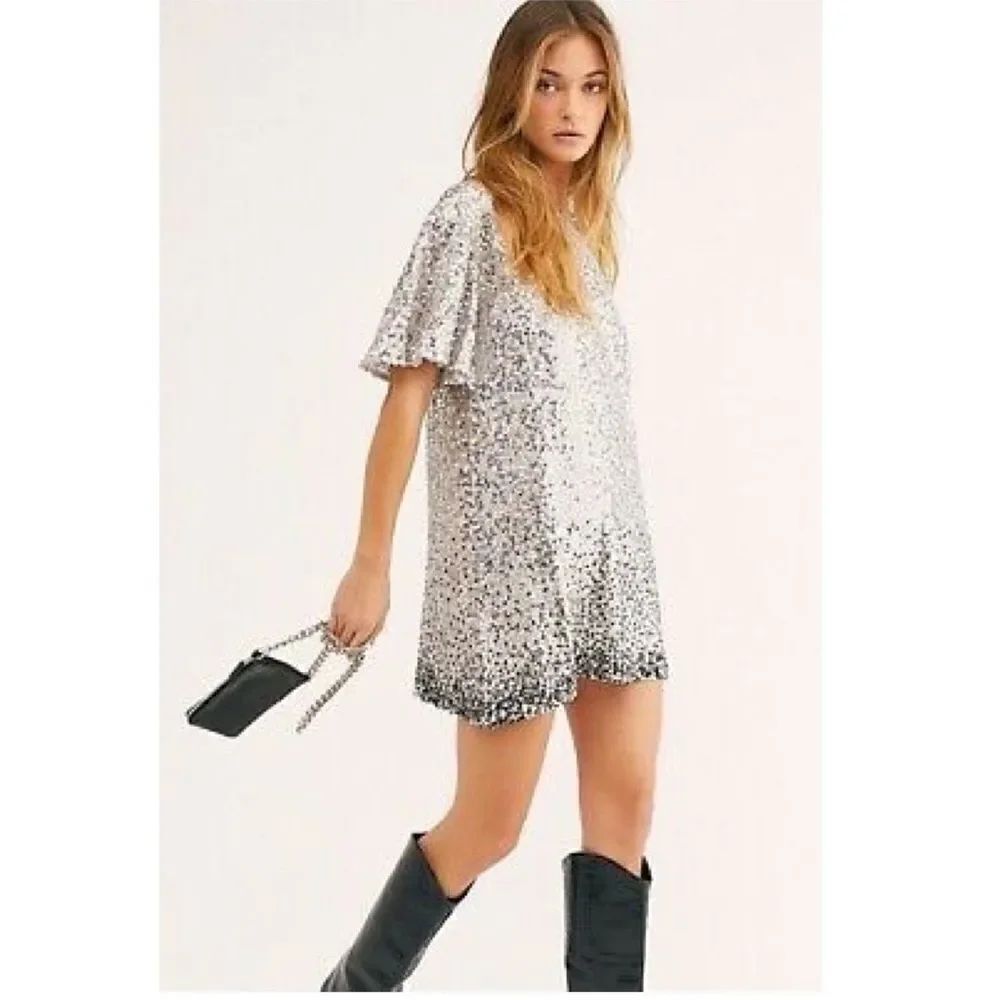 Free People BLACK WATER MINI DRESS IN SILVER